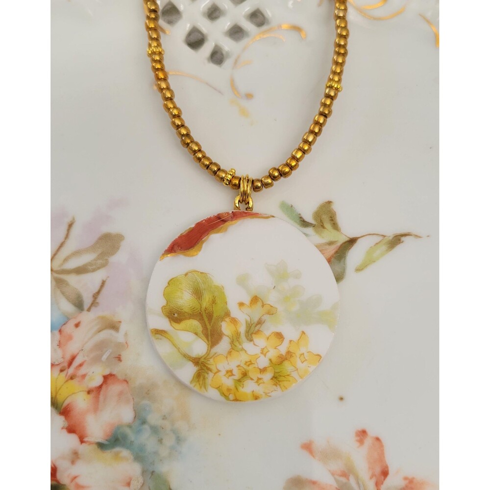 Broken China Yellow Flowers Pendant on Beaded Necklace